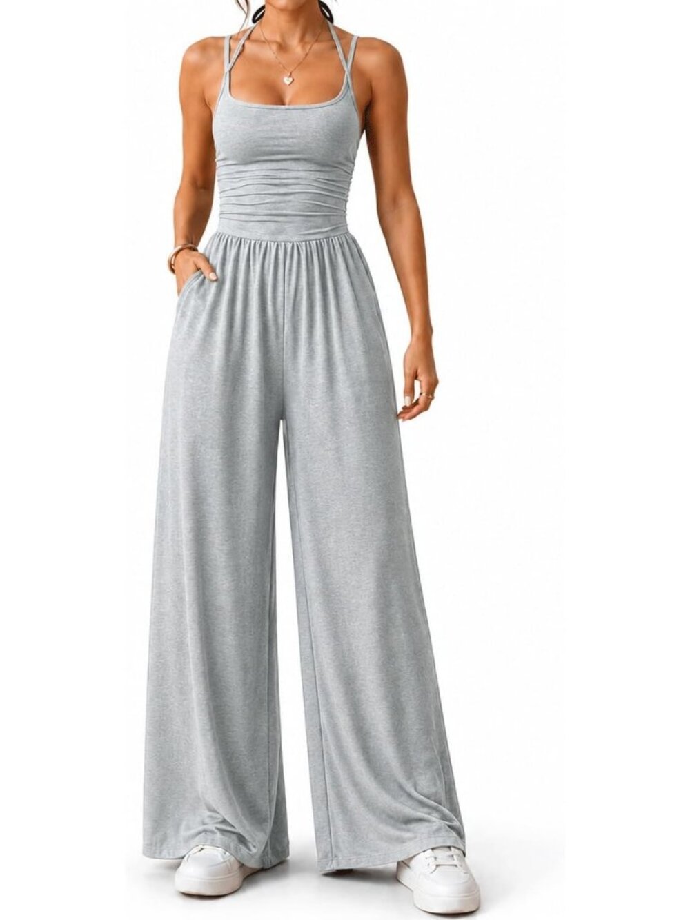 Women's Grey Wide Leg Jumpsuit Thin Straps Summer Going Out Party Casual
